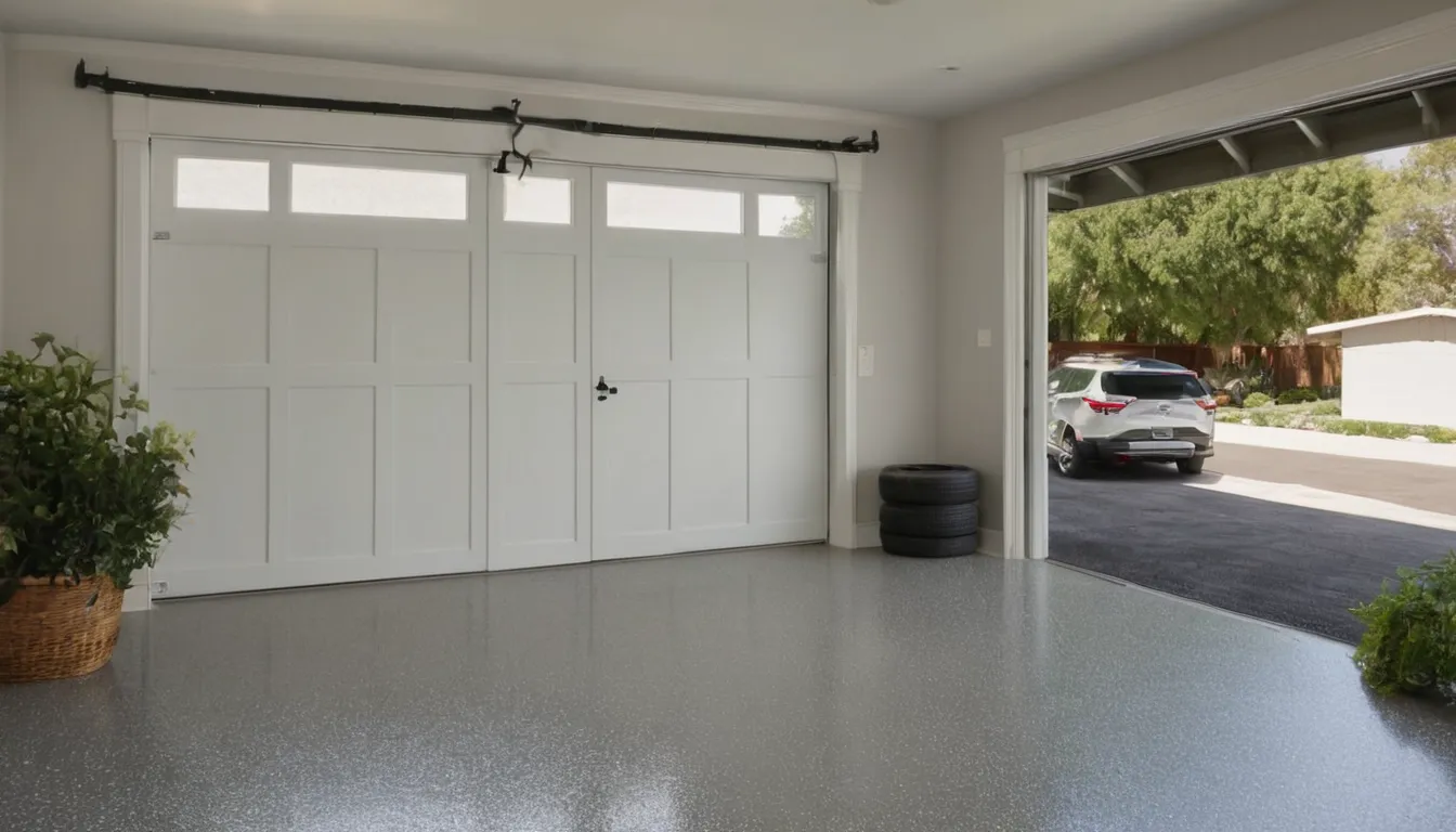 Garage with a freshly coated epoxy floor in a the Riverside area home